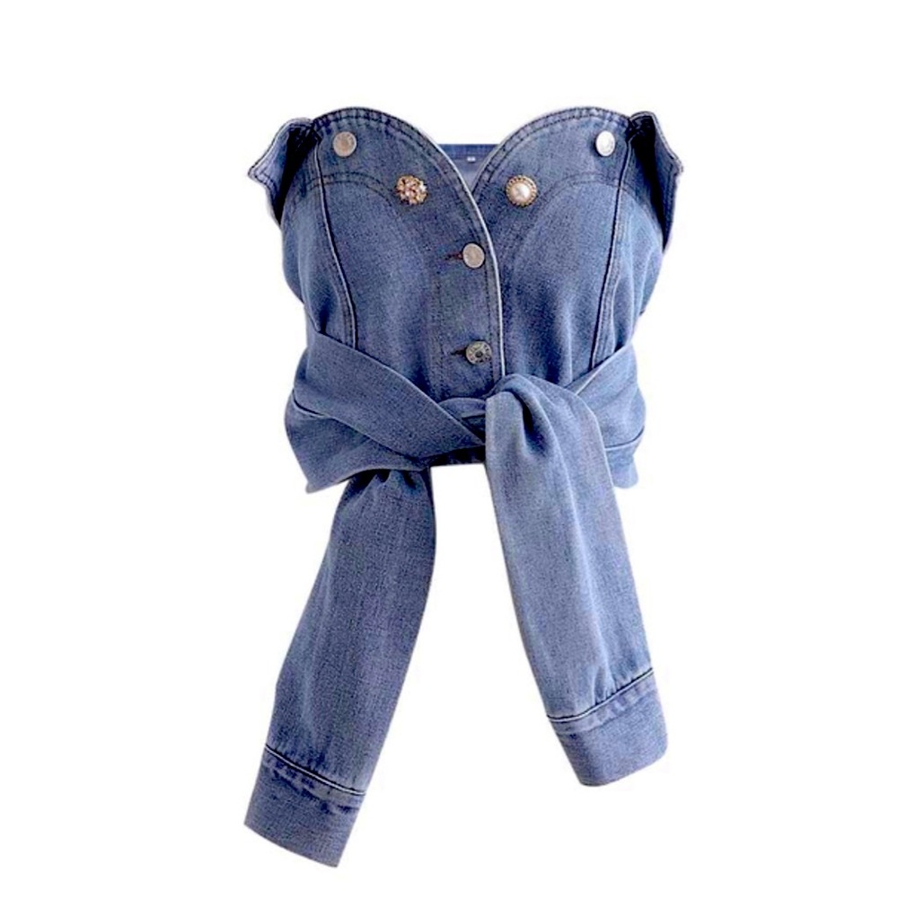 Strapless Denim Cropped Top Button Down Jacket